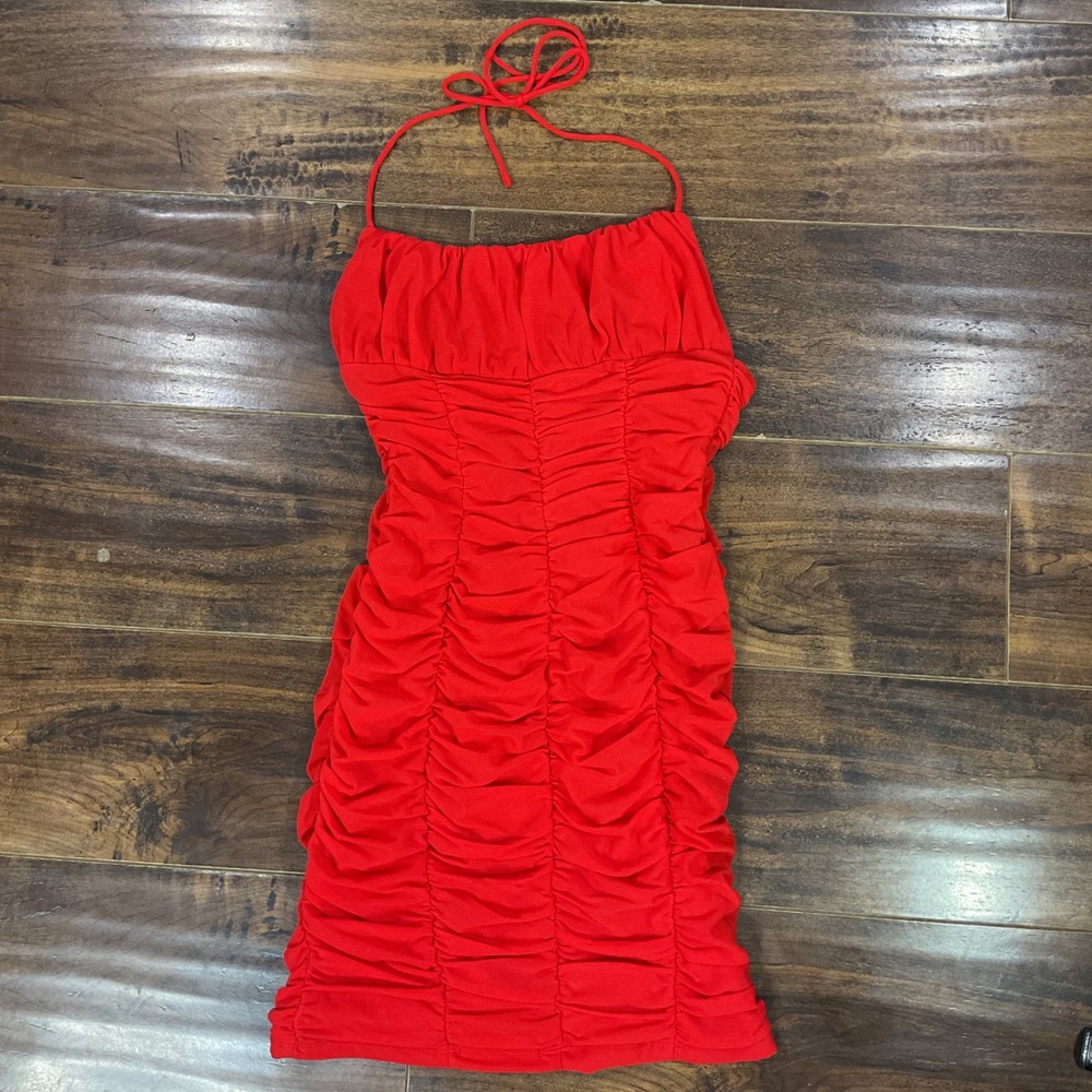 Princess Polly Red Ruched Mesh Halter Mini Dress Bodycon Size US 4